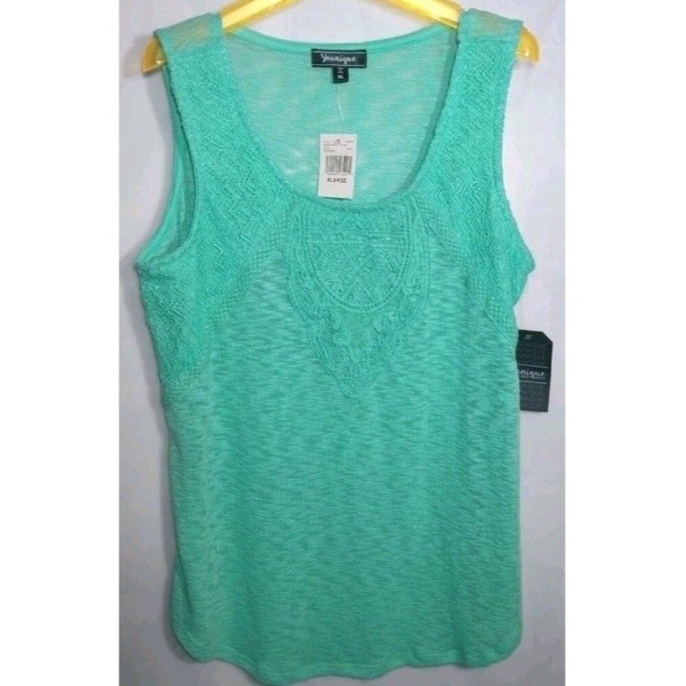 Womens Stretch Knit Tank Top Green XL Lace Embroidered Boho Beach Resort NWT